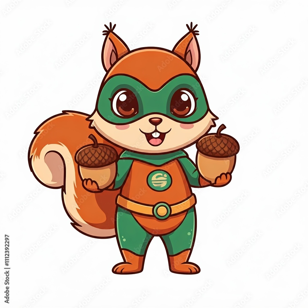 A chibi superhero squirrel with a brown and green suit, holding acorns in both hands, looking excited, in sticker style, plain white background.
A chibi superhero squirrel with a brown and green suit, holding acorns in both hands, looking excited, in sticker style, plain white background.