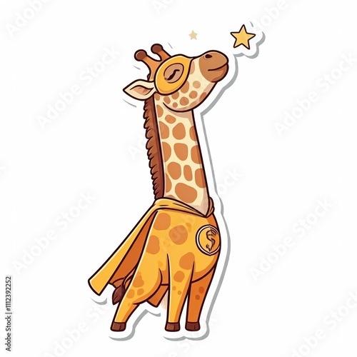 A chibi superhero giraffe in a yellow and brown spotted suit, stretching its neck high to reach the stars, in sticker style on a white background.
