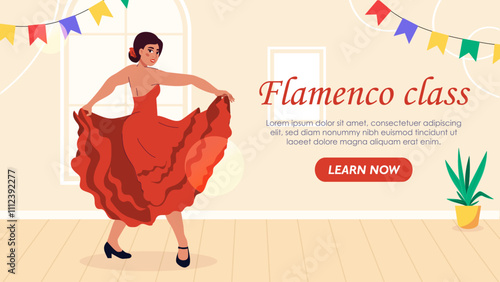 Flamenco dance class poster. Woman dancing in red dress. Hobby and leisure. Online courses and master class. Education and training. Landing webpage design. Flat vector illustration