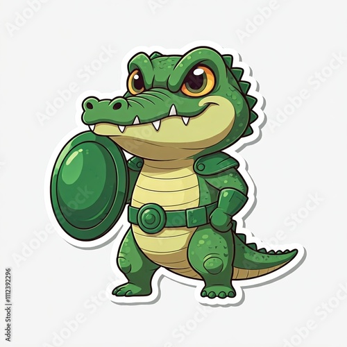 A chibi superhero crocodile in a green suit, smiling mischievously while holding a big shield, sticker style with a white background.
