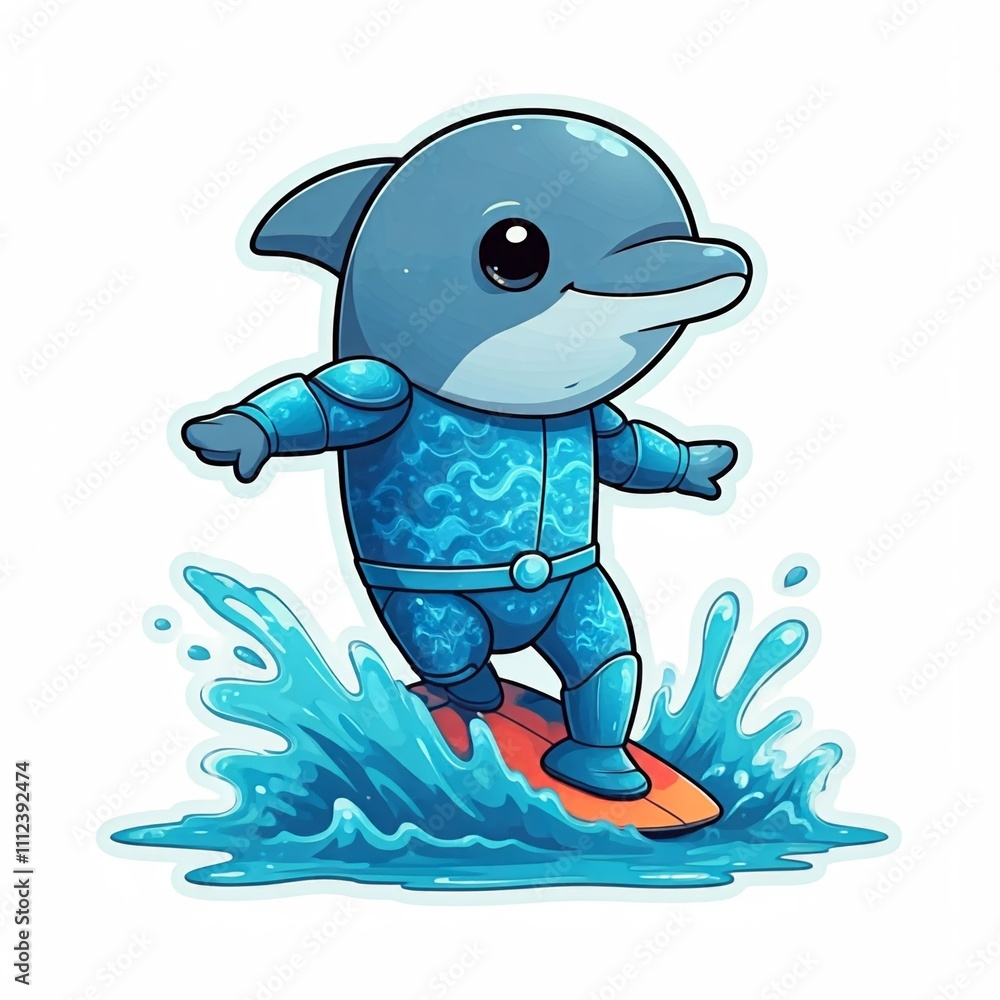 Obraz premium chibi superhero dolphin with a blue suit and a shining wave pattern, surfing on a splash of water, in sticker style, plain white background. 