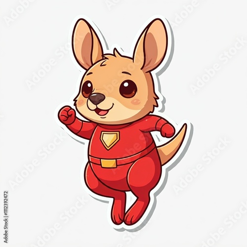 A chibi superhero kangaroo with a red jumpsuit, jumping with one fist raised in the air, in a cute sticker style on a white background.
