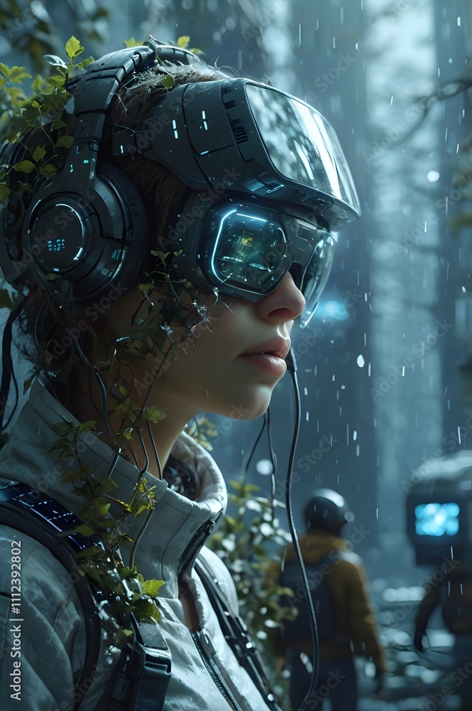 Female robot head with cyberpunk style, wires, and glowing lights, perfect for futuristic technology concepts in scifi designs.