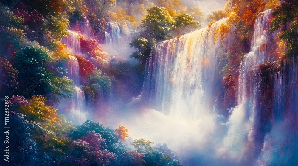 custom made wallpaper toronto digitalA majestic waterfall cascading down a cliff into a lush jungle below, with mist rising from the base and rainbow hues in the water