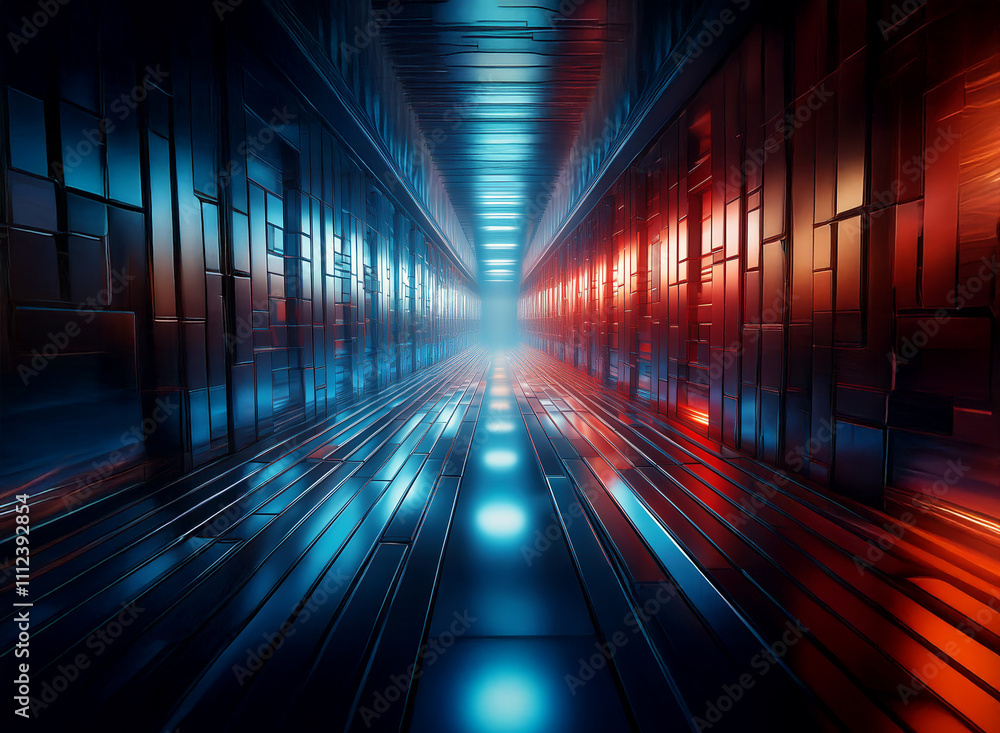 A futuristic, reflective corridor glows with vibrant blue and red neon lights. The sleek, metallic walls and floor create a sense of depth and mystery. A futuristic, reflective corridor glows with vibrant blue and red neon lights. The sleek, metallic walls and floor create a sense of depth and mystery.