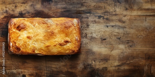 Pane Casereccio rustic homemade bread on a warm wood surface, golden crust highlighted, top view with clean text area. photo