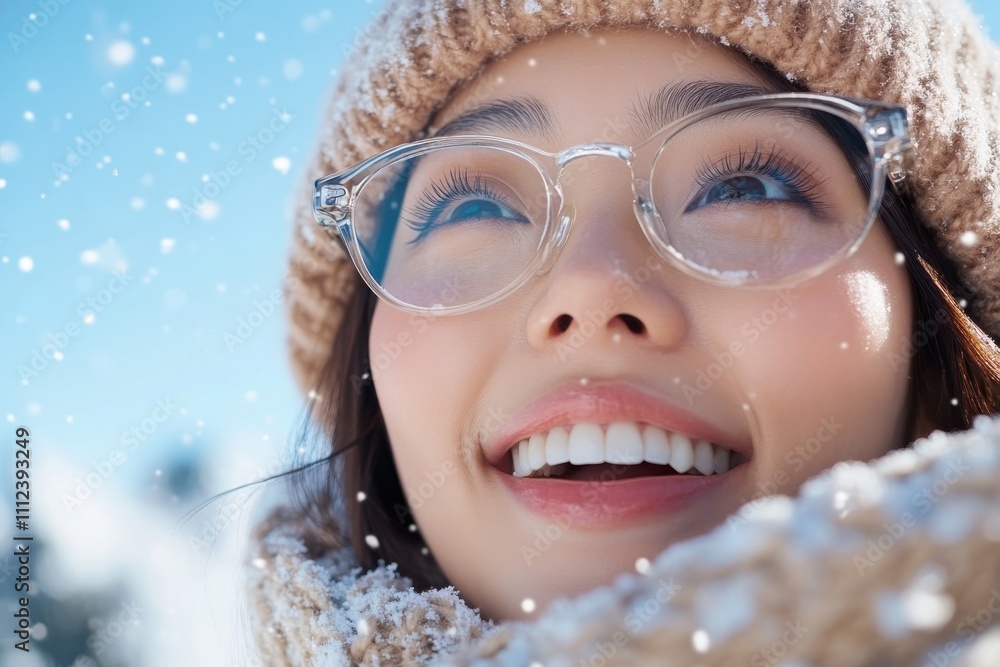 In a snowy landscape, a young woman beams brightly while wearing a cozy scarf and stylish glasses, embodying the joys of winter and the happiness that comes with the season.