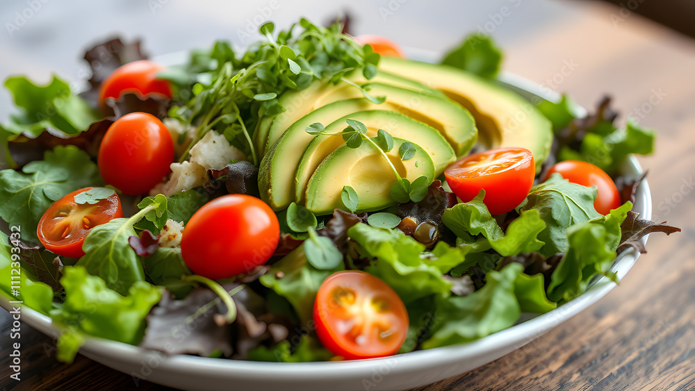Close-up of a vibrant vegan salad with fresh greens, avocado, cherry tomatoe Close-up of a vibrant vegan salad with fresh greens, avocado, cherry tomatoe