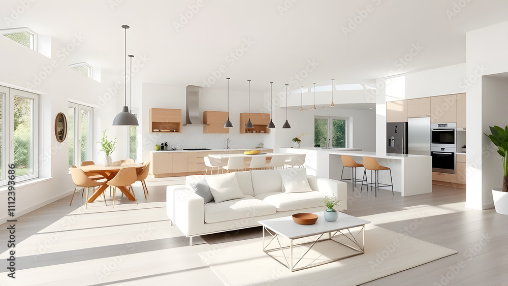 Fototapeta premium Contemporary open-plan kitchen and living room with bright, airy windows, a minimalis