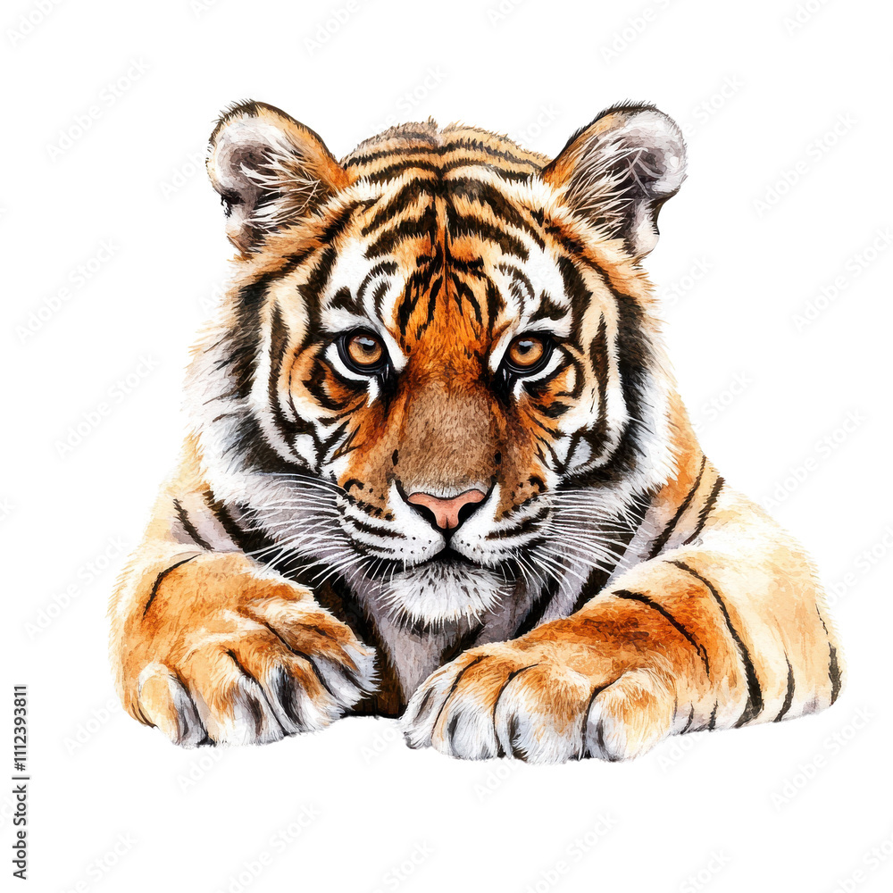 Obraz premium A close-up view of a majestic tiger, showcasing its striking orange and black stripes, intense gaze, and powerful presence.
