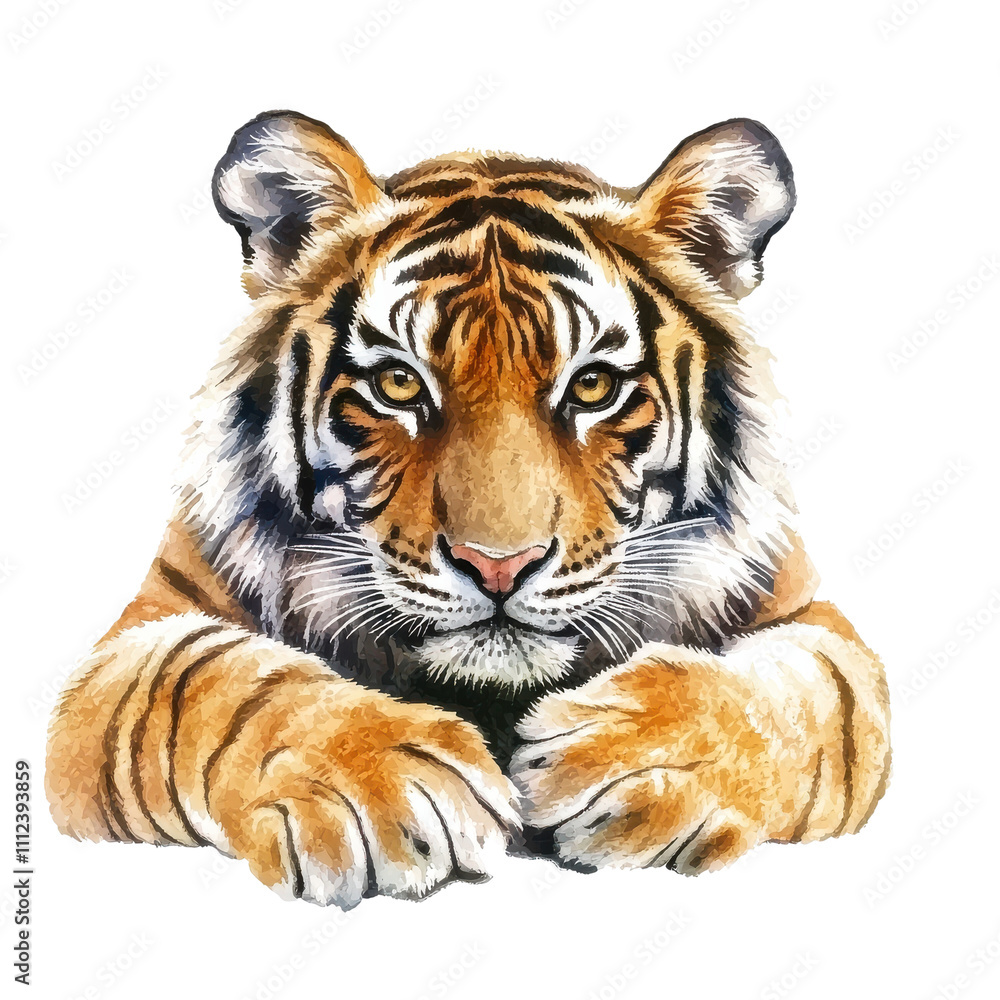 Fototapeta premium A majestic tiger gazes intensely, showcasing its striking orange fur and distinctive black stripes.