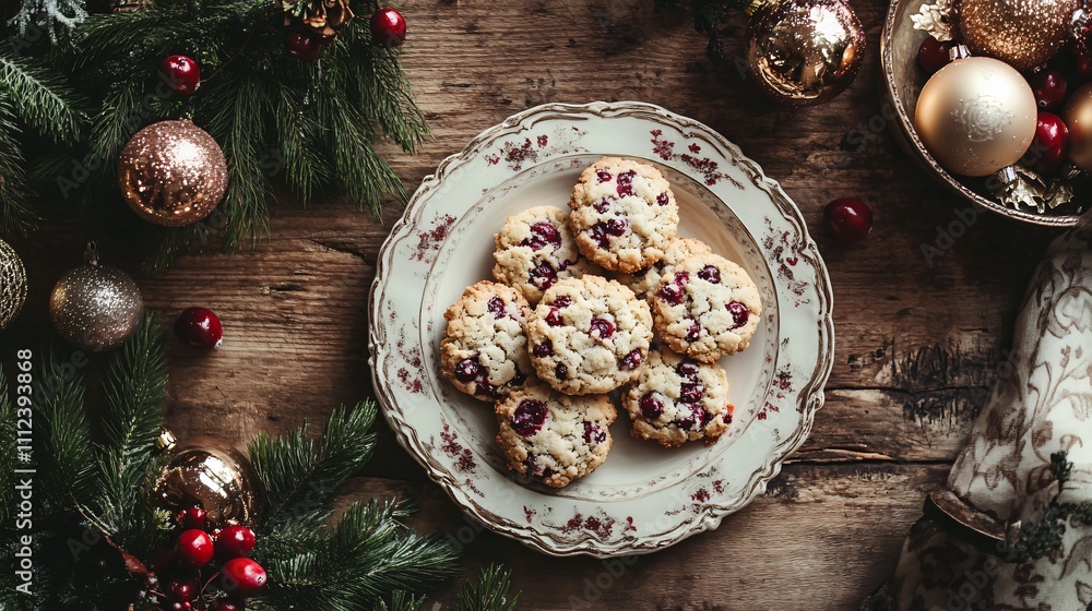 A rustic holiday setup with cranberry drop cookies on a vintage plate, surrounded by ornaments and fresh greenery A rustic holiday setup with cranberry drop cookies on a vintage plate, surrounded by ornaments and fresh greenery