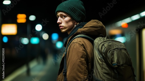 A figure with a backpack descends a subway platform in the evening.