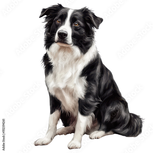 A seated black and white dog with a fluffy coat and expressive eyes, showcasing its attentive and intelligent demeanor.