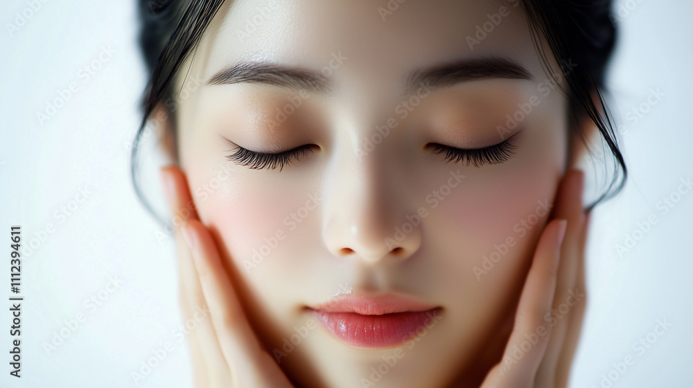 目を瞑っている若くて綺麗なアジア人女性モデル。頬に手を当てている美容ケアのシーン。 目を瞑っている若くて綺麗なアジア人女性モデル。頬に手を当てている美容ケアのシーン。