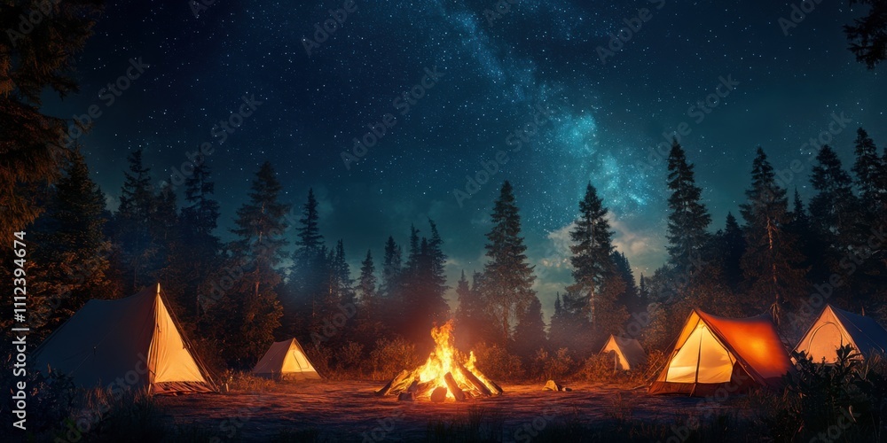 Night Camping under a Starry Sky: Magical Forest Campfire with Illuminated Tents Night Camping under a Starry Sky: Magical Forest Campfire with Illuminated Tents