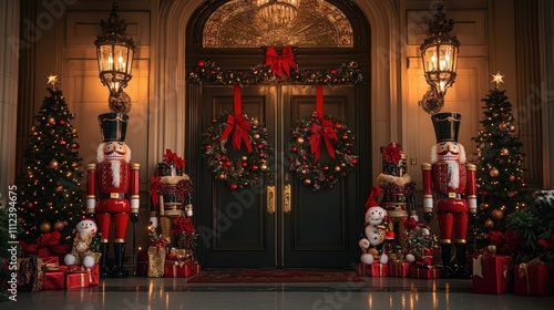 A festive entrance decorated with nutcracker figures, Christmas trees, wreaths, and gifts, creating a joyful holiday atmosphere.