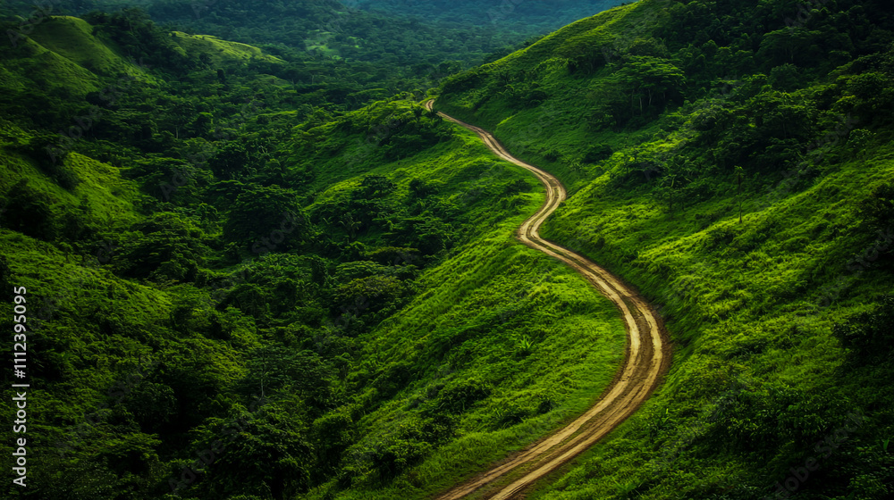Scenic dirt road winding through lush green hills, capturing rural tranquility and natural beauty Scenic dirt road winding through lush green hills, capturing rural tranquility and natural beauty