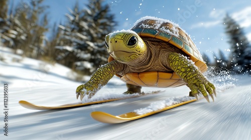 A whimsical turtle skiing swiftly across a snowy landscape, showcasing a determined expression and vibrant shell colors.