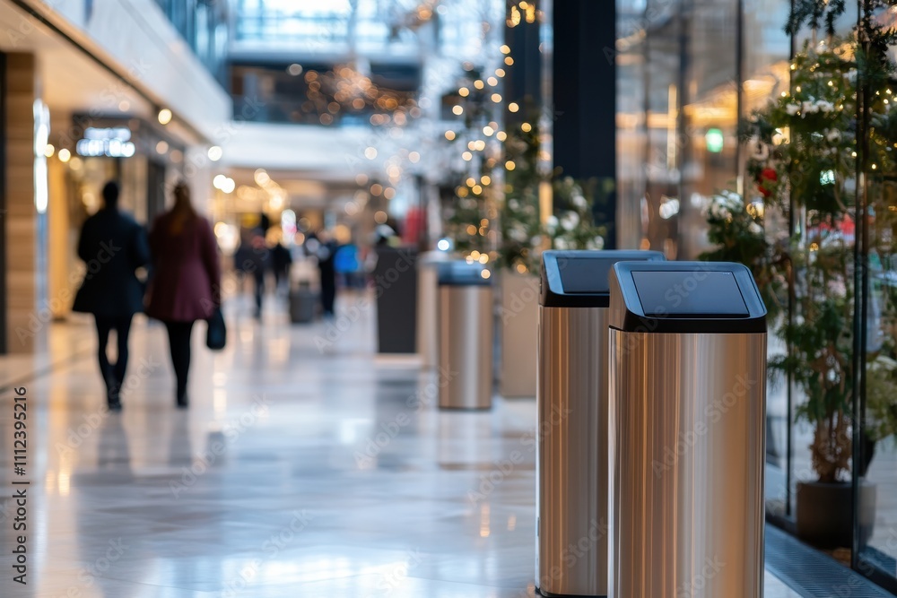Two sleek waste bins stand in a trendy shopping area, combining functionality with modern design in a vibrant and lively retail environment. Two sleek waste bins stand in a trendy shopping area, combining functionality with modern design in a vibrant and lively retail environment.