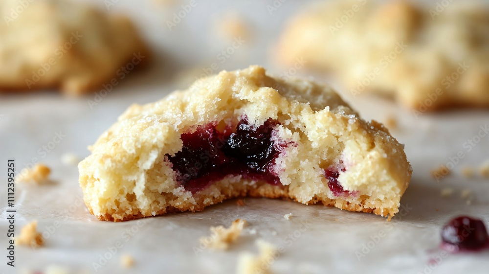 Close up of a broken cranberry drop cookie, showing the gooey inside, placed on parchment paper with crumbs around Close up of a broken cranberry drop cookie, showing the gooey inside, placed on parchment paper with crumbs around