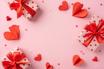 A festive layout featuring Valentine's Day gifts wrapped with ribbons and scattered heart shapes on a pink background