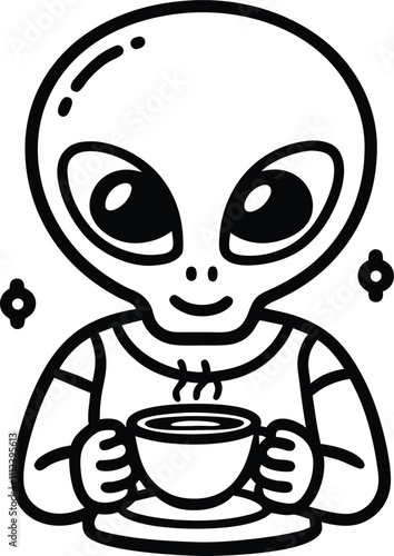 cozy alien holding a mug of coffee vector illustration