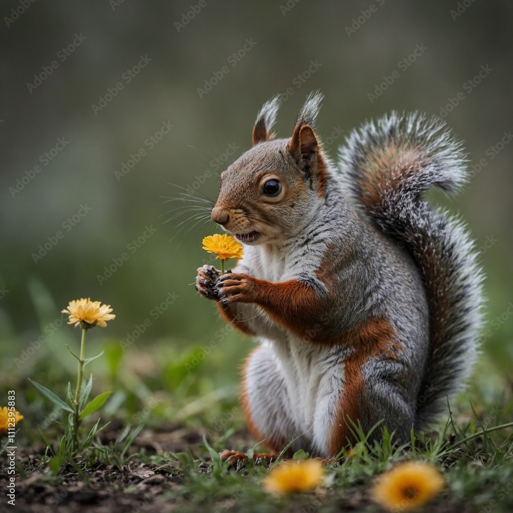 A squirrel holding a flower in its tiny paws. A squirrel holding a flower in its tiny paws.