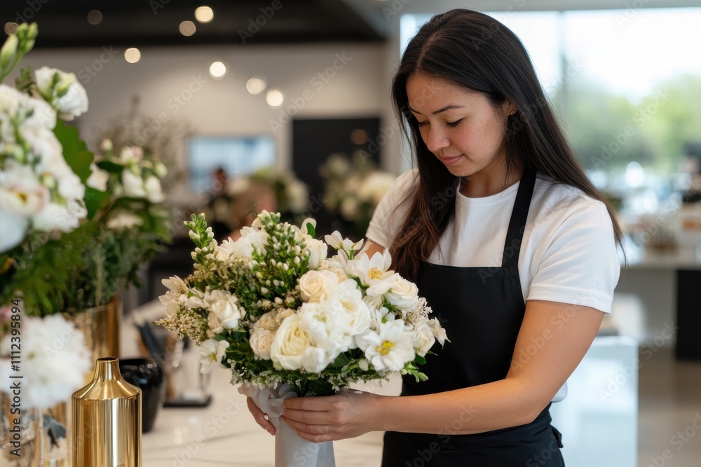 A florist in an apron carefully arranging flowers, showcasing artistry and passion for floral design, while surrounded by a beautiful selection of blooms in a shop. A florist in an apron carefully arranging flowers, showcasing artistry and passion for floral design, while surrounded by a beautiful selection of blooms in a shop.
