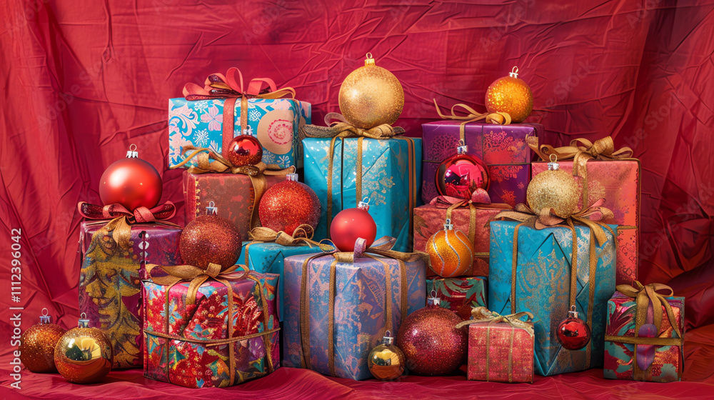 Naklejka premium christmas tree Christmas Gift Wrapping Flat Lay with Festive Red and Green Decorations Elegant Holiday Gift Wrapping and Winter Floral Decor - Flat Lay Background