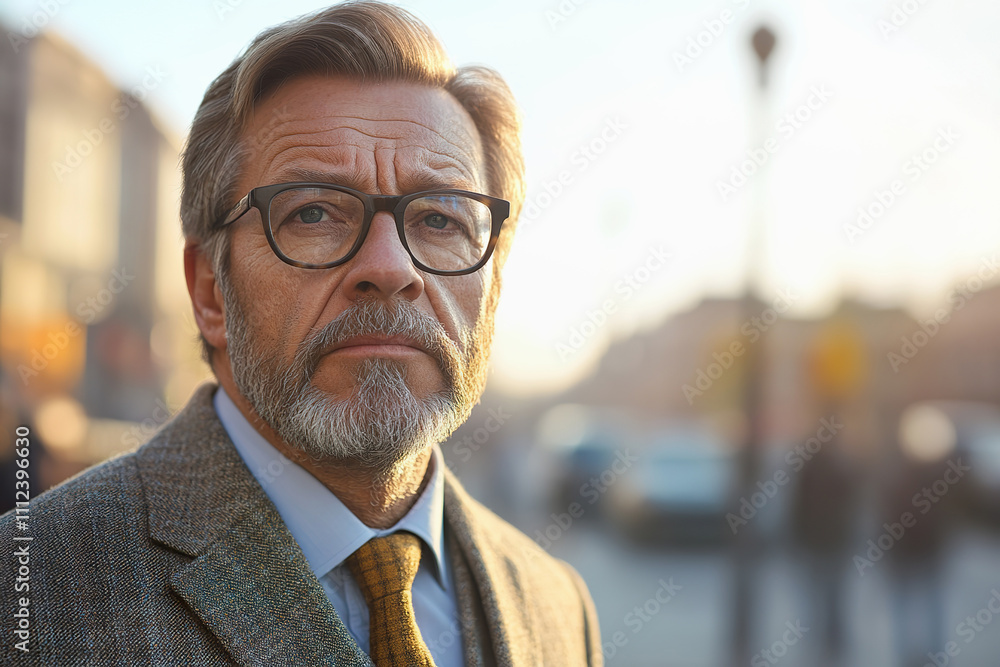 Man with glasses and beard looks pensive on bustling urban street at dusk Man with glasses and beard looks pensive on bustling urban street at dusk