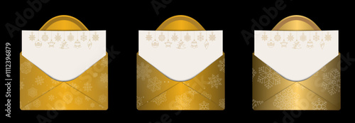 Golden color winter greetings card, santa letter envelope set with snowflakes vector. Winter holidays concept card design to use for christmas cards, winter business advertising, holiday greetings. 
