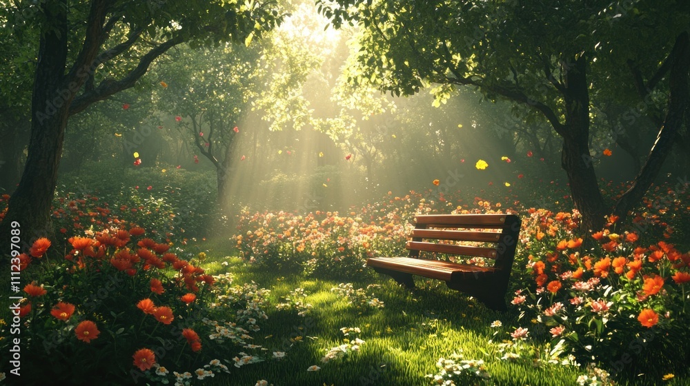A wooden bench sits in the middle of a blooming flower field in a forest with morning light streaming through the trees. A wooden bench sits in the middle of a blooming flower field in a forest with morning light streaming through the trees.