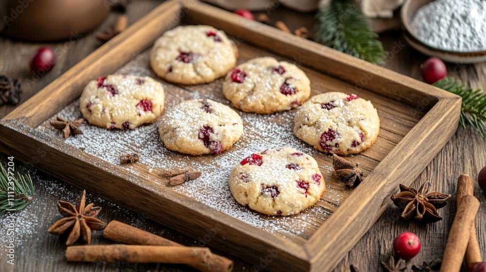 Cranberry drop cookies on a rustic wooden tray, styled with cinnamon sticks, star anise, and powdered sugar