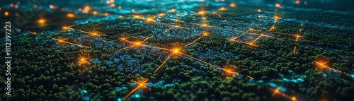 Aerial shot of land plots with virtual digital markers and network connections, visualizing the concept of land area management and spatial organization photo