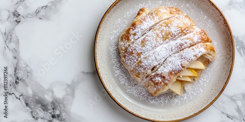 Strudel di Mele apple strudel dusted with powdered sugar, plated on a ceramic dish, marble background, top view, clean text space.