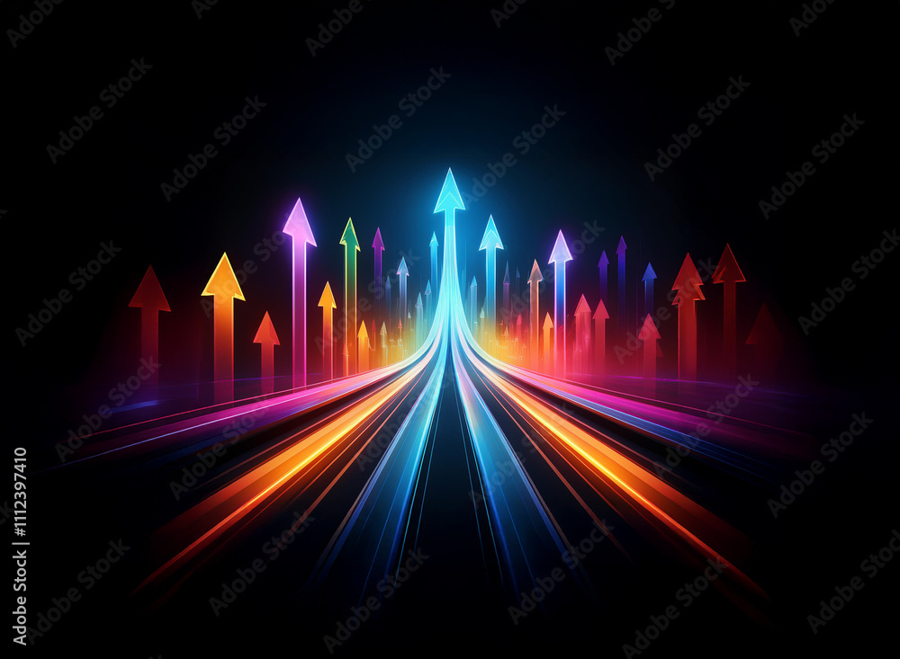 A vibrant highway of light streaks upward, showcasing numerous glowing arrows pointing towards the sky.  This symbolizes growth, progress, and reaching goals.