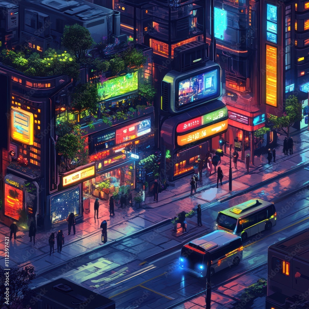 An isometric view of a futuristic city street at night with glowing signs, neon lights, and people walking.