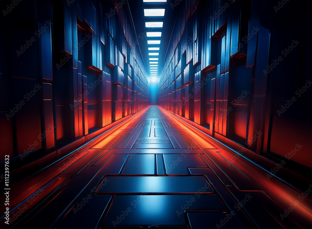 A futuristic corridor glows with vibrant red and blue neon lights. The metallic walls and floor create a sleek, high-tech atmosphere. The perspective leads the eye deep into the illuminated space. A futuristic corridor glows with vibrant red and blue neon lights. The metallic walls and floor create a sleek, high-tech atmosphere. The perspective leads the eye deep into the illuminated space.