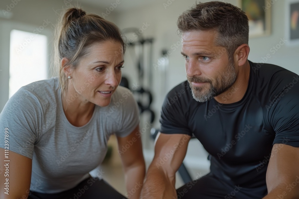 Obraz premium A fit couple leans in closely during a workout, focusing on each other with intense expressions, showcasing dedication, partnership, and the importance of communication in fitness.
