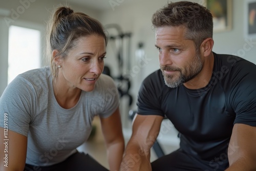 A fit couple leans in closely during a workout, focusing on each other with intense expressions, showcasing dedication, partnership, and the importance of communication in fitness.