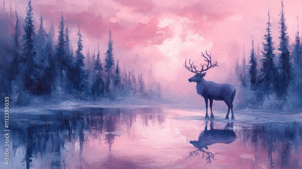 A majestic elk stands in a serene, misty forest at dawn, its antlers reaching towards a pink sky. The reflection in the water adds to the tranquility of the scene. A majestic elk stands in a serene, misty forest at dawn, its antlers reaching towards a pink sky. The reflection in the water adds to the tranquility of the scene.
