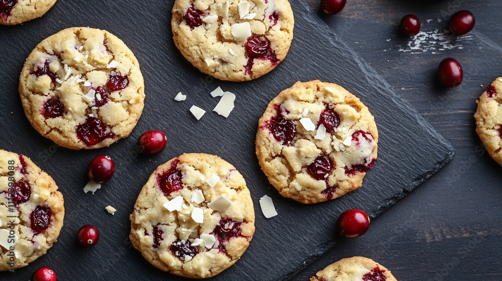 Fototapeta premium Flat lay of cranberry drop cookies arranged on a slate platter, with fresh cranberries and white chocolate shavings