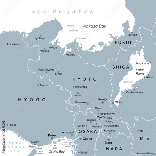 Kyoto Prefecture of Japan with same named capital, gray political map. Located in the Kansai region of Honshu on the Sea of ​​Japan, bordering the prefectures Fukui, Shiga, Mie, Nara, Osaka and Hyogo.