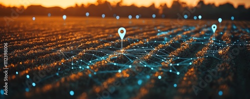 Bird seye view of land plots with digital markers and interconnected network lines, illustrating the concept of land plot area management and geographic mapping photo