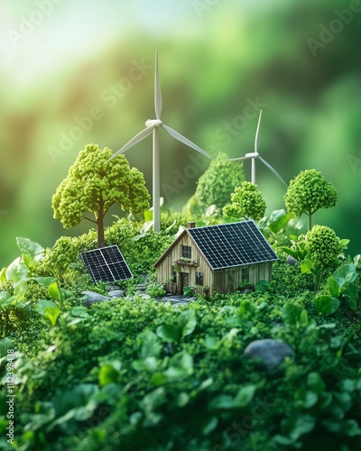 Conceptual design of ecofriendly power systems, with wind turbines, solar panels, and green technology combined to symbolize sustainable energy engineering solutions photo