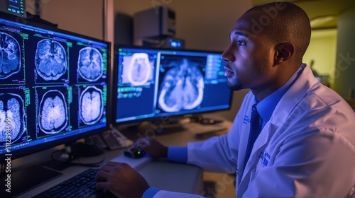 Radiologist Analyzing CT Scans on Multiple Monitors in a Modern Medical Environment