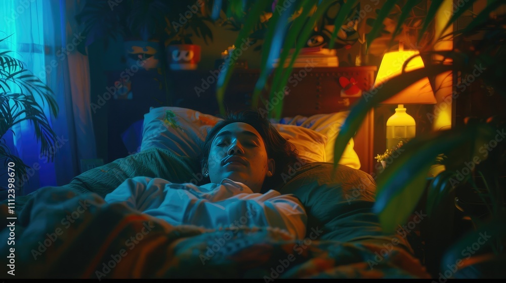 Person lying in bed with half-closed eyes, surrounded by dim light and shadows, symbolizing irregular sleep patterns and lack of restful sleep. Person lying in bed with half-closed eyes, surrounded by dim light and shadows, symbolizing irregular sleep patterns and lack of restful sleep.