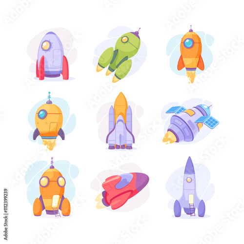 Space Rocket and Shuttle for Cosmos Exploration Vector Set