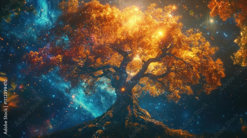 Glowing autumn tree in a cosmic nebula. Glowing autumn tree in a cosmic nebula.